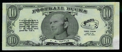 Y.A. Tittle 1962 Topps Bucks football card Y.A. Tittle 1962 Topps Bucks football card