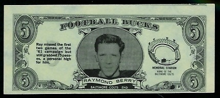 Raymond Berry 1962 Topps Bucks football card