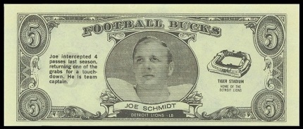 Joe Schmidt 1962 Topps Bucks football card