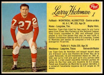 Larry Hickman 1963 Post CFL football card