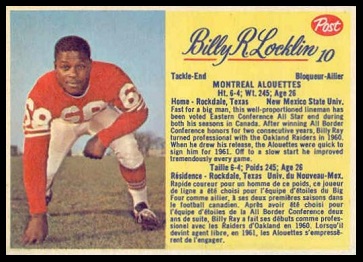 Billy Ray Locklin 1963 Post CFL football card