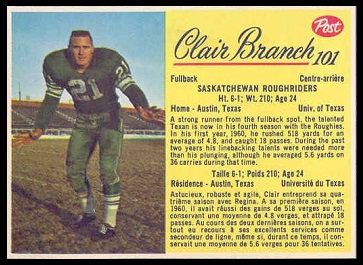 Clair Branch 1963 Post CFL football card