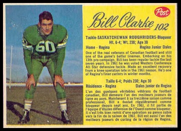 Bill Clarke 1963 Post CFL football card