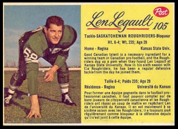 Len Legault 1963 Post CFL football card