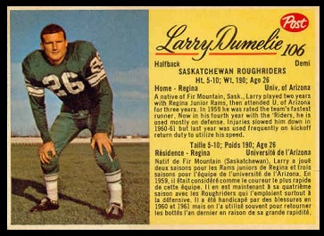 Larry Dumelie 1963 Post CFL football card Larry Dumelie 1963 Post CFL football card