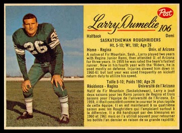 Larry Dumelie 1963 Post CFL football card