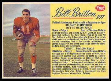 Bill Britton 1963 Post CFL football card