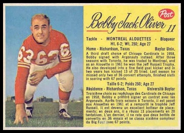 Bobby Jack Oliver 1963 Post CFL football card