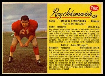 Roy Jokanovich 1963 Post CFL football card