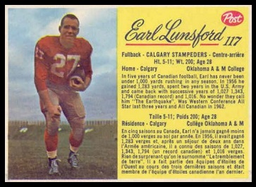 Earl Lunsford 1963 Post CFL football card Earl Lunsford 1963 Post CFL football card