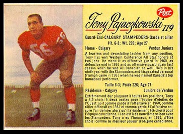 Tony Pajaczkowski 1963 Post CFL football card