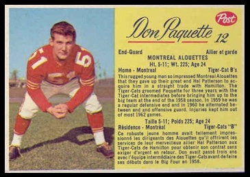 Don Paquette 1963 Post CFL football card