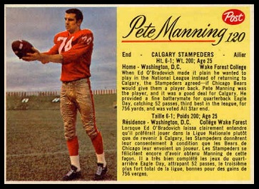 Pete Manning 1963 Post CFL football card Pete Manning 1963 Post CFL football card