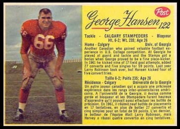 George Hansen 1963 Post CFL football card