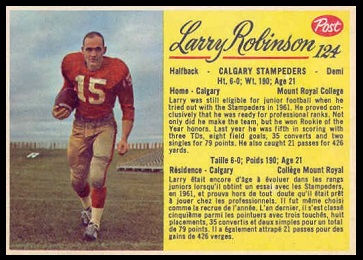 Larry Robinson 1963 Post CFL football card