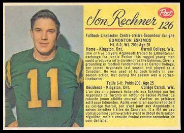 Jon Rechner 1963 Post CFL football card