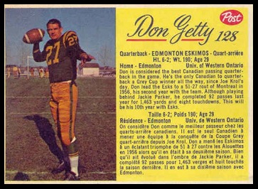 Don Getty 1963 Post CFL football card