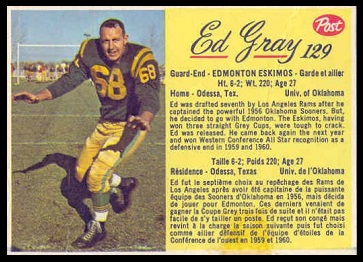 Ed Gray 1963 Post CFL football card