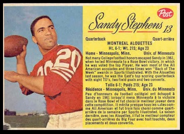 Sandy Stephens 1963 Post CFL football card Sandy Stephens 1963 Post CFL football card