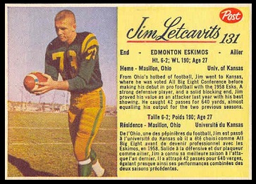 Jim Letcavits 1963 Post CFL football card