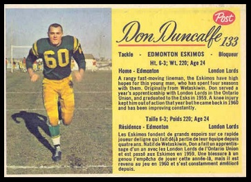 Don Duncalfe 1963 Post CFL football card