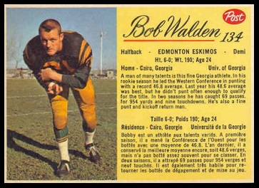 Bobby Walden 1963 Post CFL football card