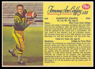 Tommy Joe Coffey 1963 Post CFL football card Tommy Joe Coffey 1963 Post CFL football card