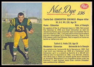 Nat Dye 1963 Post CFL football card