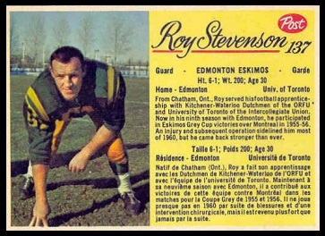 Roy Stevenson 1963 Post CFL football card