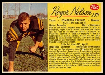 Roger Nelson 1963 Post CFL football card