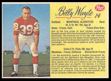 Billy Wayte 1963 Post CFL football card