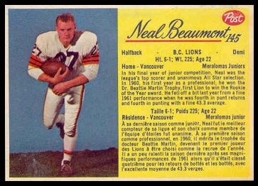 Neal Beaumont 1963 Post CFL football card