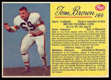 Tom Brown 1963 Post CFL football card