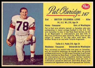 Pat Claridge 1963 Post CFL football card