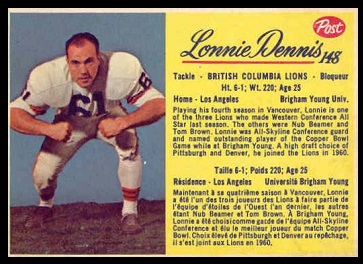 Lonnie Dennis 1963 Post CFL football card