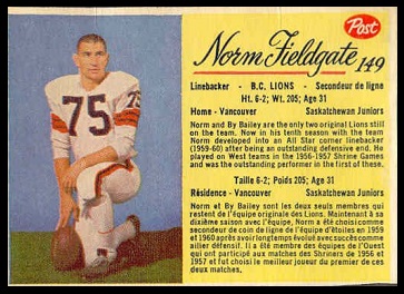 Norm Fieldgate 1963 Post CFL football card Norm Fieldgate 1963 Post CFL football card