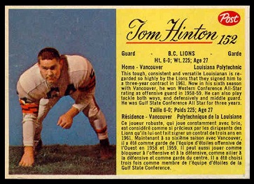 Tom Hinton 1963 Post CFL football card Tom Hinton 1963 Post CFL football card