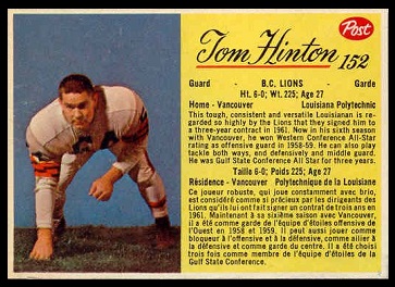 Tom Hinton 1963 Post CFL football card