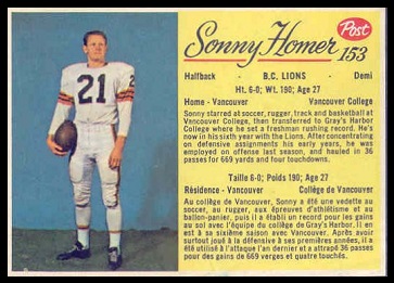 Sonny Homer 1963 Post CFL football card