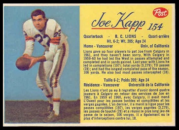 Joe Kapp 1963 Post CFL football card Joe Kapp 1963 Post CFL football card