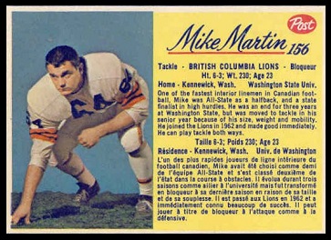 Mike Martin 1963 Post CFL football card