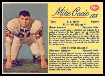 Mike Cacic 1963 Post CFL football card