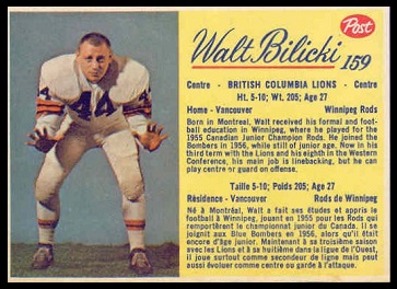 Walt Bilicki 1963 Post CFL football card