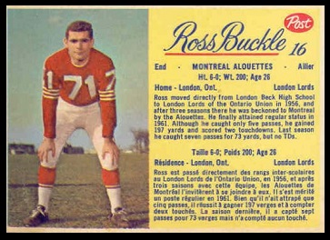 Ross Buckle 1963 Post CFL football card