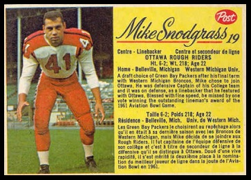 Mike Snodgrass 1963 Post CFL football card