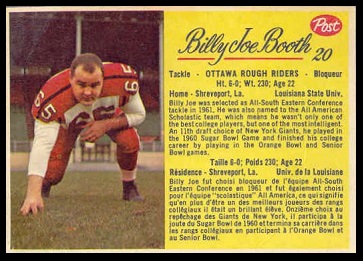 Billy Joe Booth 1963 Post CFL football card