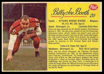 Billy Joe Booth 1963 Post CFL football card