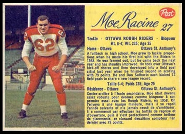 Moe Racine 1963 Post CFL football card Moe Racine 1963 Post CFL football card