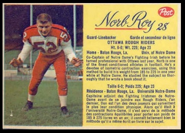 Norb Roy 1963 Post CFL football card