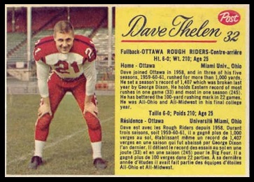 Dave Thelen 1963 Post CFL football card